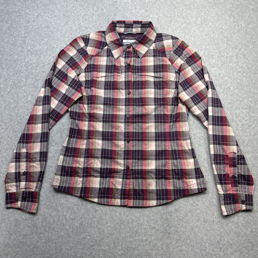Columbia Silver Ridge Shirt Women Small Purple Plaid Vented Fish Outdoor Casual